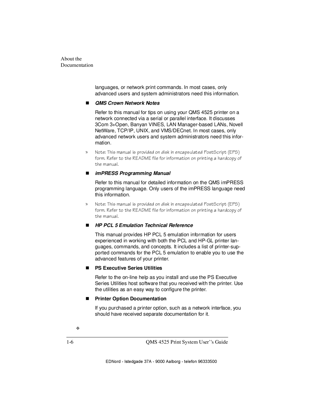 IBM QMS 4525 manual „ PS Executive Series Utilities, „ Printer Option Documentation 