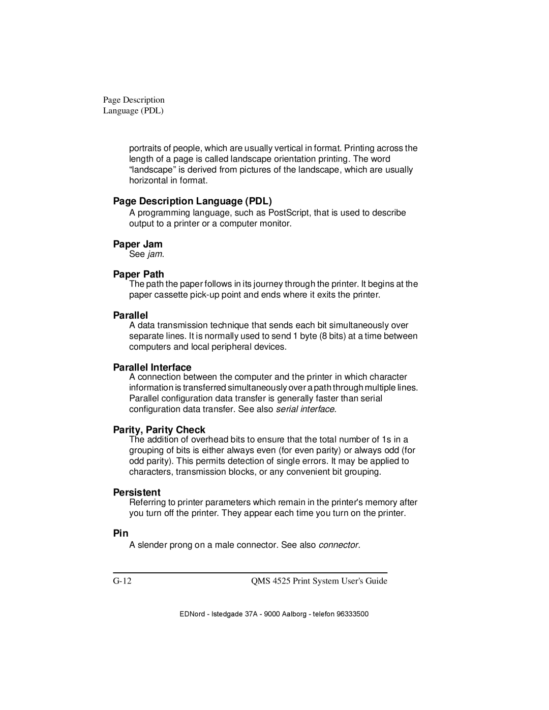 IBM QMS 4525 Description Language PDL, Paper Jam, Paper Path, Parallel Interface, Parity, Parity Check, Persistent 