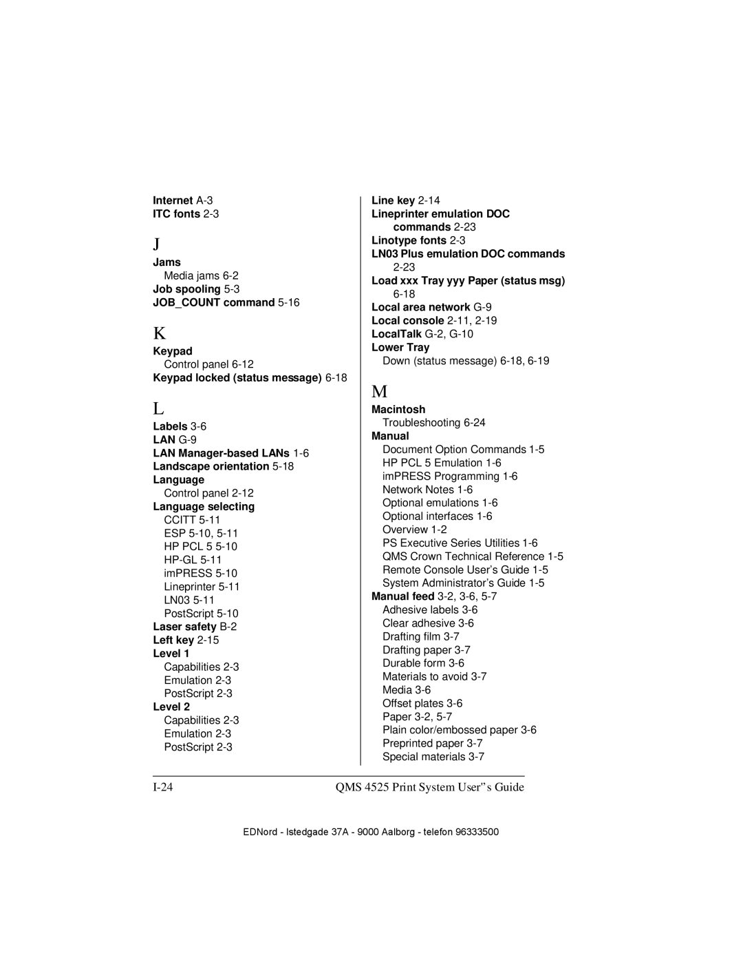 IBM QMS 4525 Internet A-3 ITC fonts Jams, Job spooling Jobcount command Keypad, Language selecting, Macintosh, Manual 