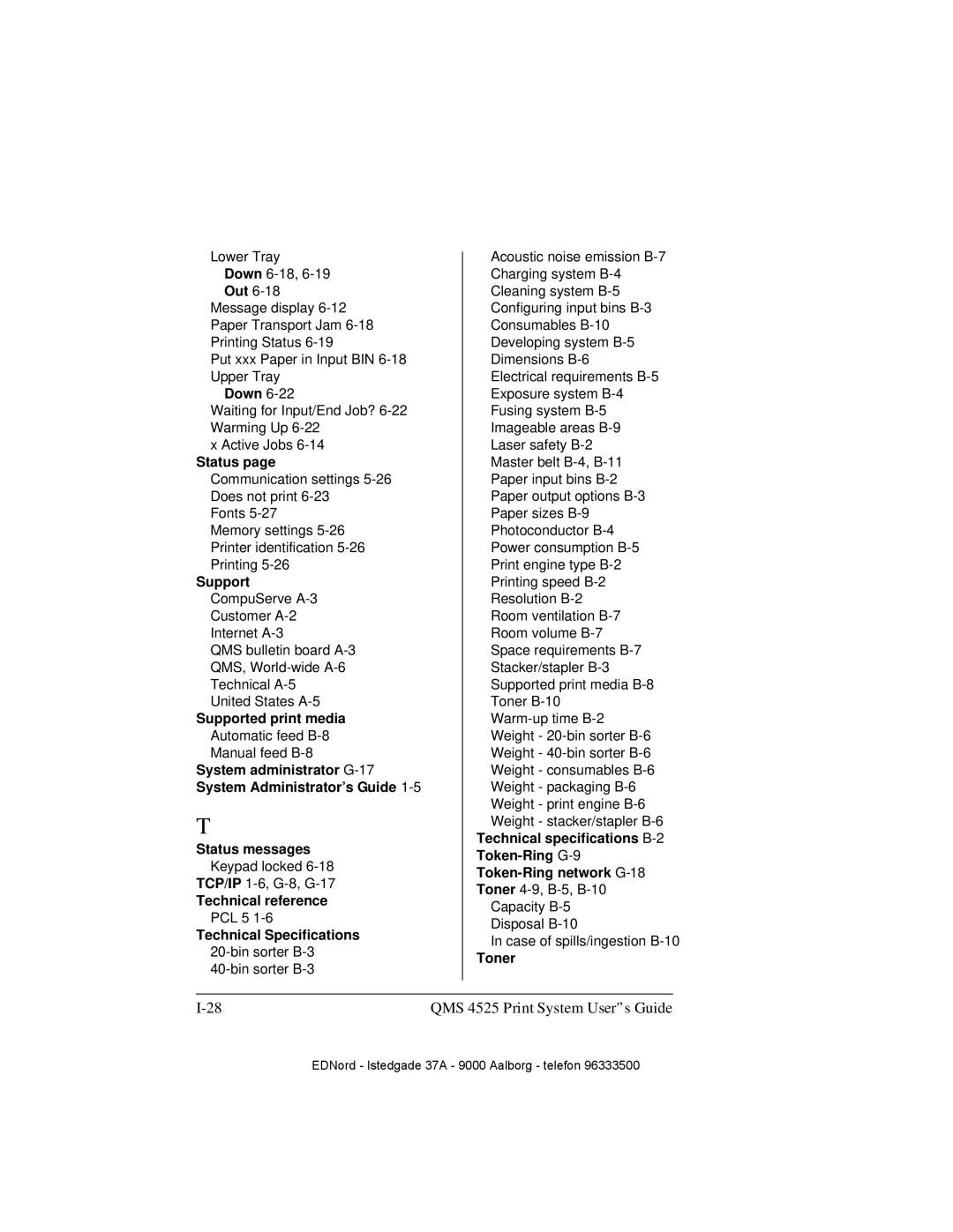 IBM QMS 4525 manual Down, Status, Supported print media, Technical reference, Technical Specifications, Toner 