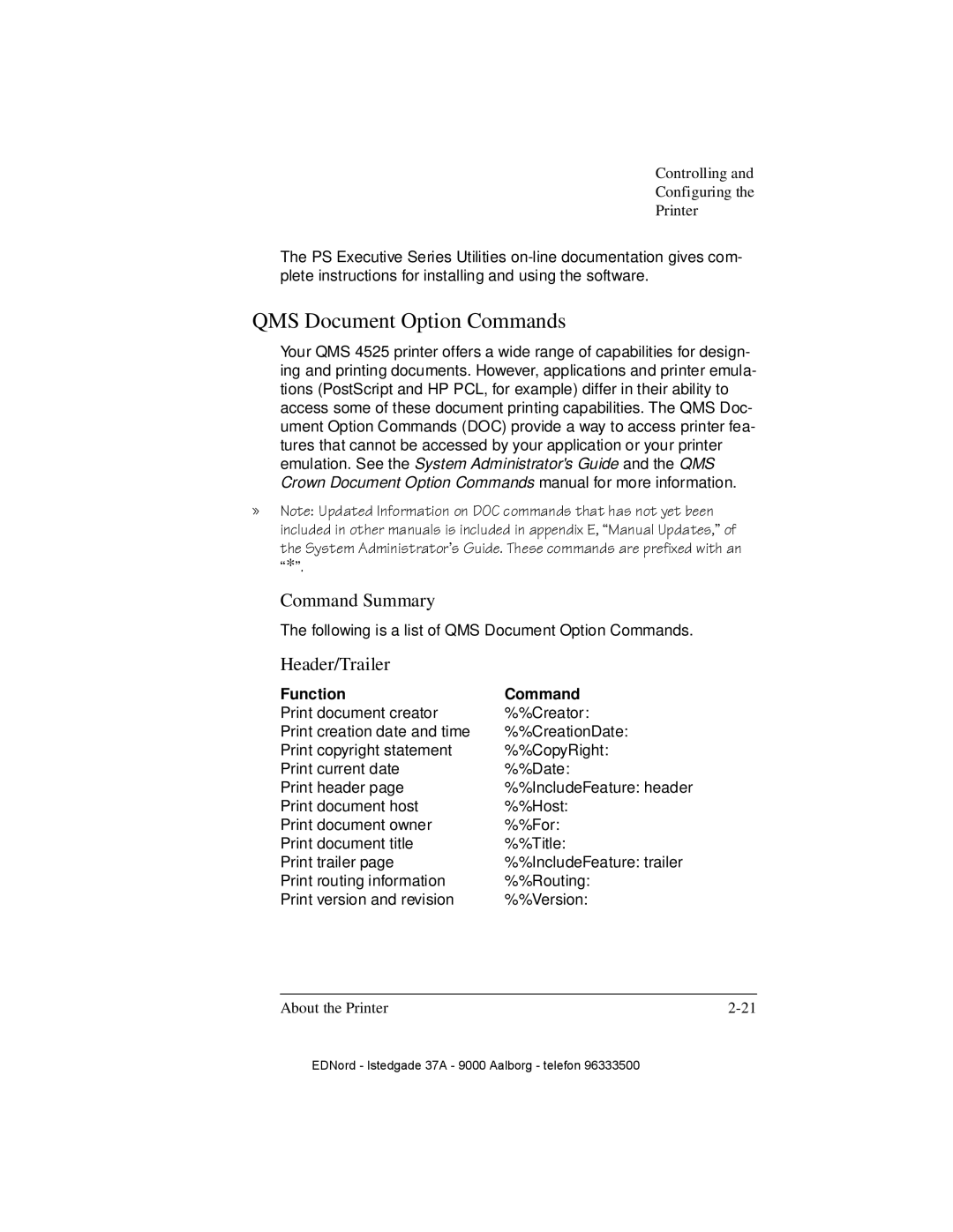 IBM QMS 4525 manual QMS Document Option Commands, Command Summary, Header/Trailer, Function Command 