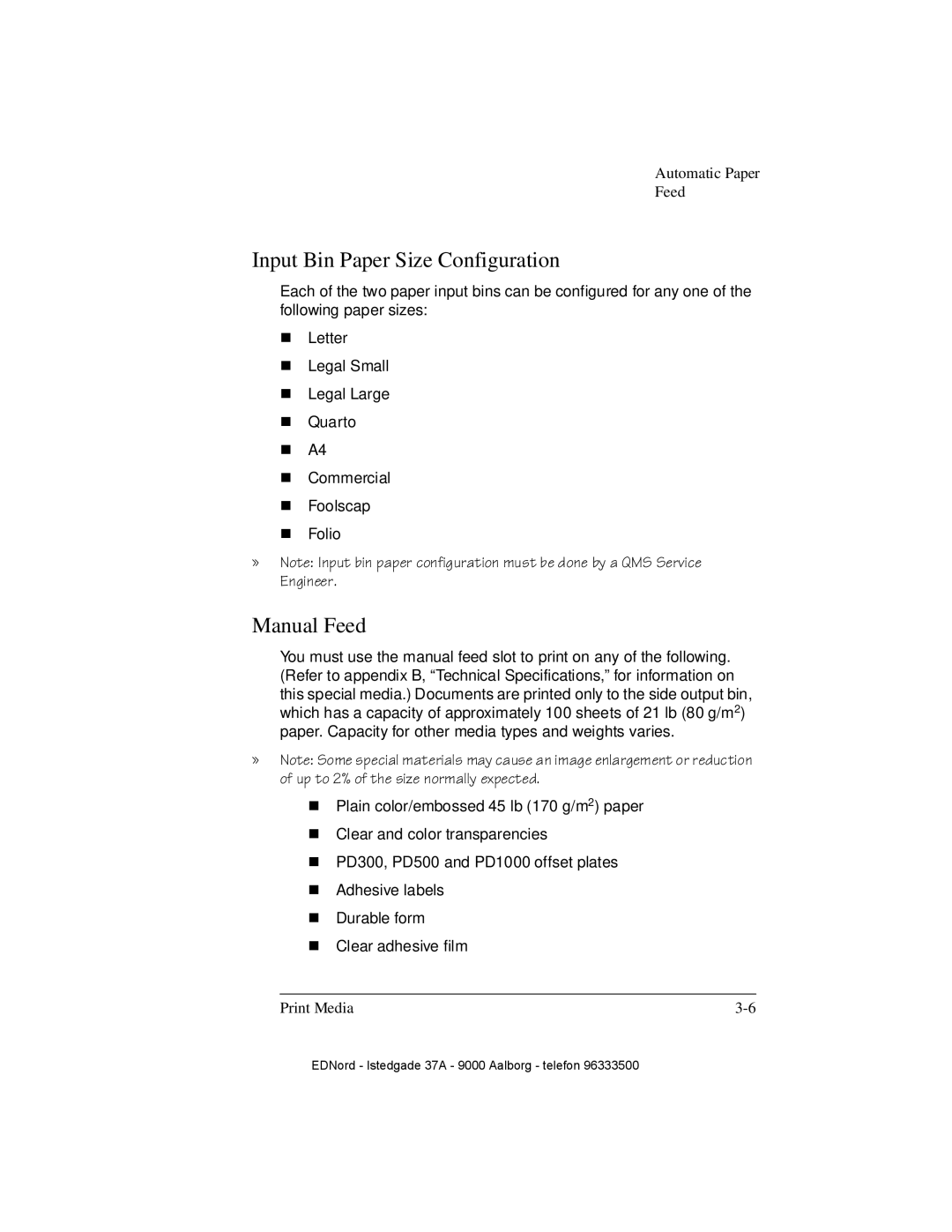 IBM QMS 4525 manual Input Bin Paper Size Configuration, Manual Feed 