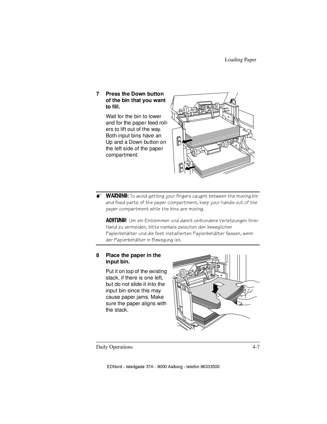 IBM QMS 4525 manual Press the Down button of the bin that you want to fill, Place the paper in the input bin 