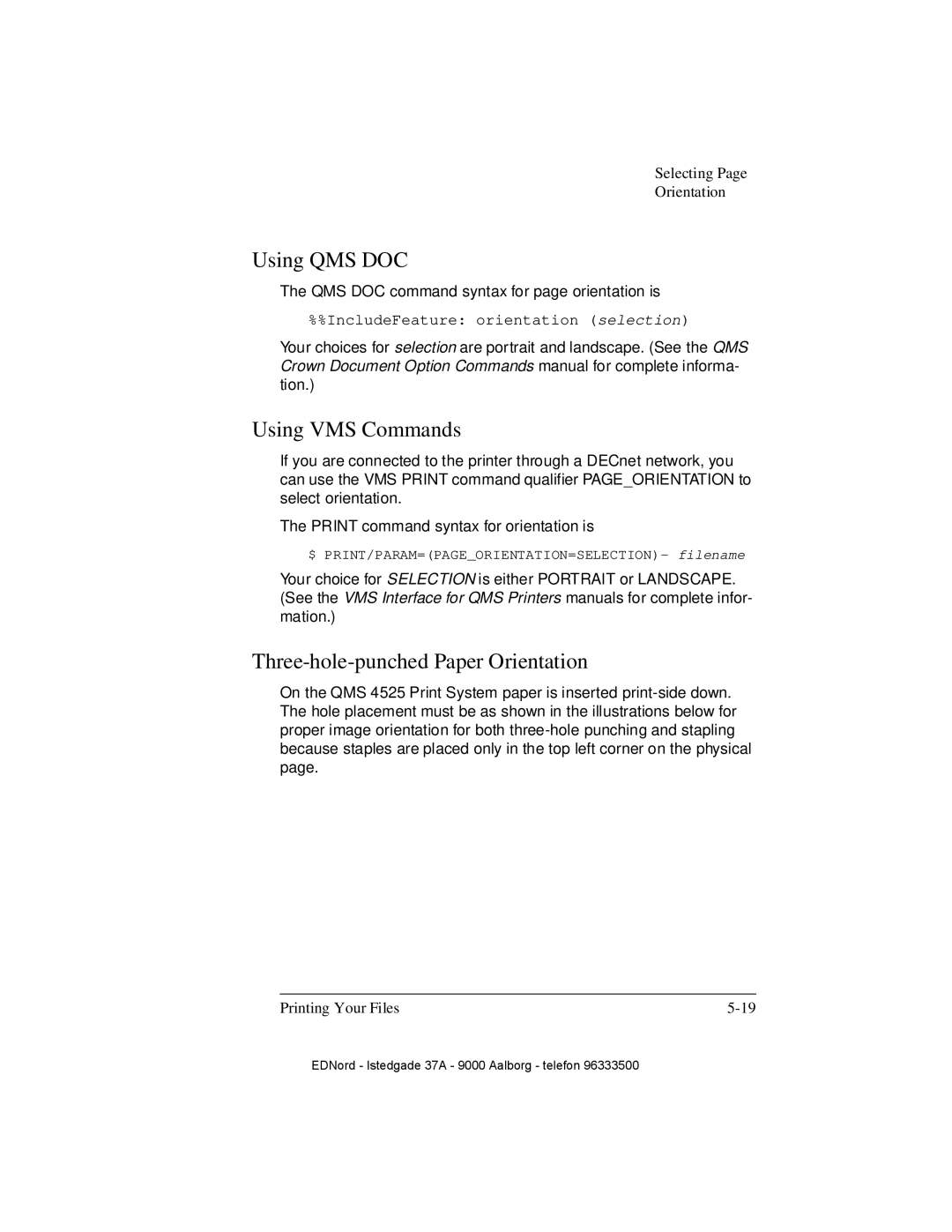 IBM QMS 4525 manual Using VMS Commands, Three-hole-punched Paper Orientation 