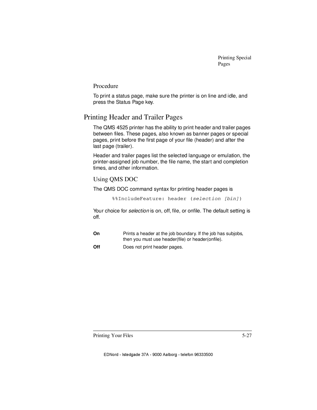 IBM QMS 4525 manual Printing Header and Trailer Pages, Procedure, Using QMS DOC, Off 