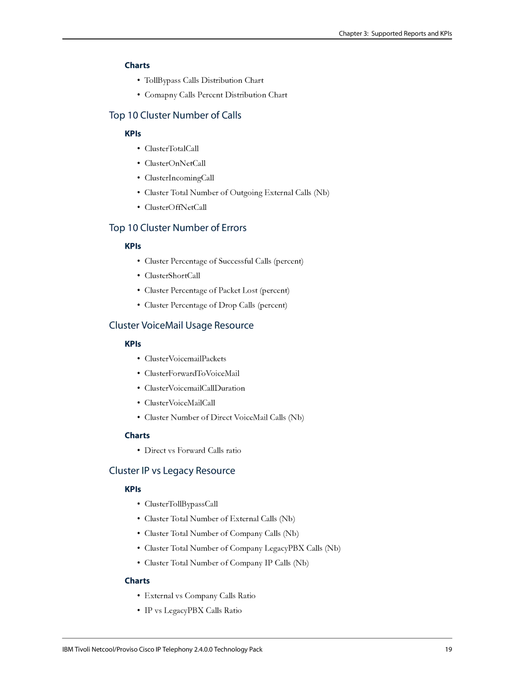 IBM R2E2 manual Top 10 Cluster Number of Calls, Top 10 Cluster Number of Errors, Cluster VoiceMail Usage Resource 