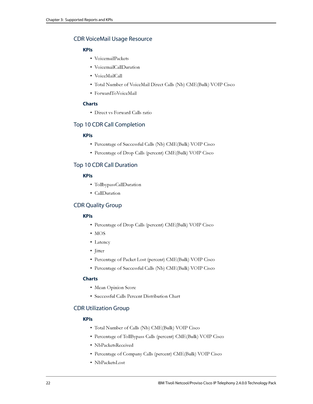 IBM R2E2 manual CDR VoiceMail Usage Resource, Top 10 CDR Call Completion, Top 10 CDR Call Duration, CDR Quality Group 