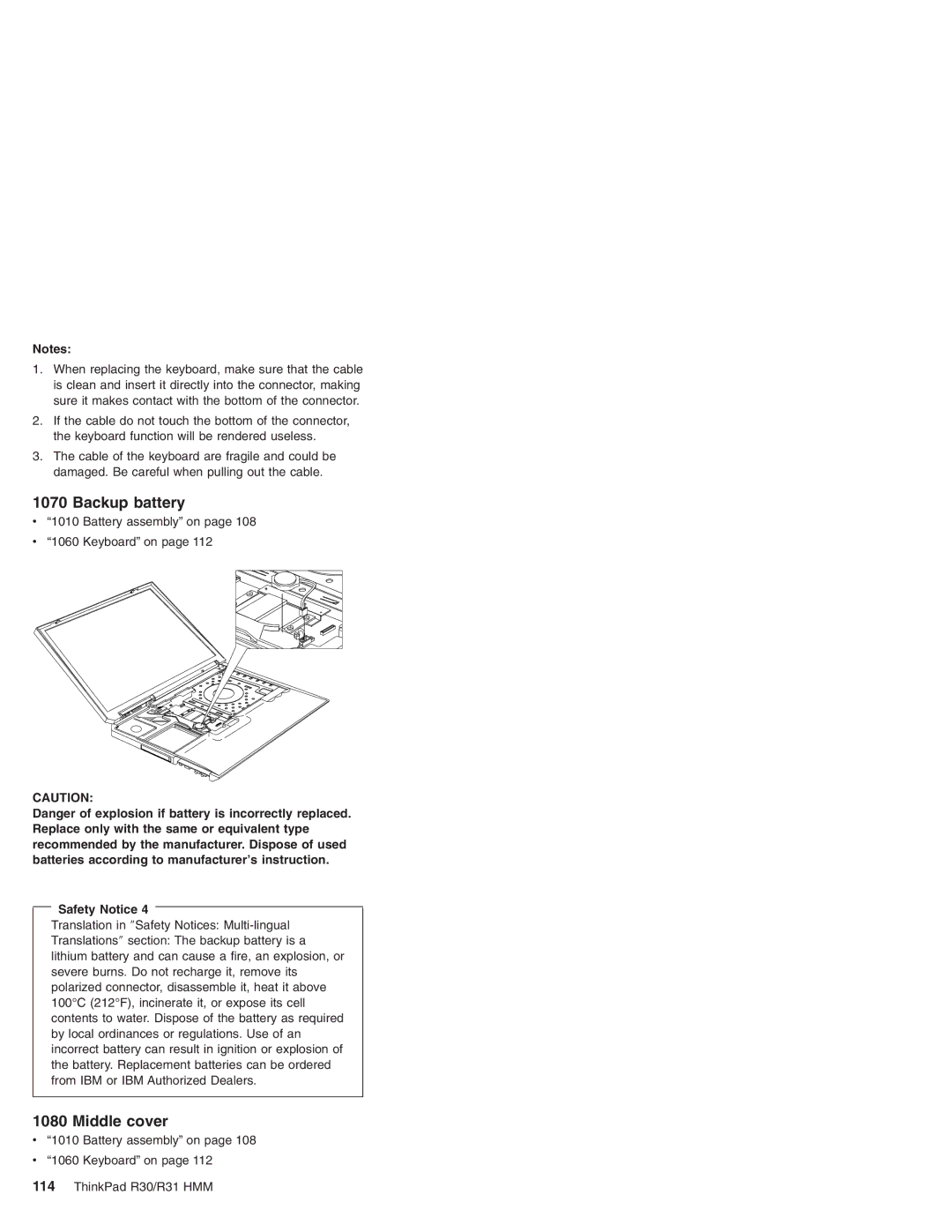 IBM manual Battery assembly on Keyboard on ThinkPad R30/R31 HMM 