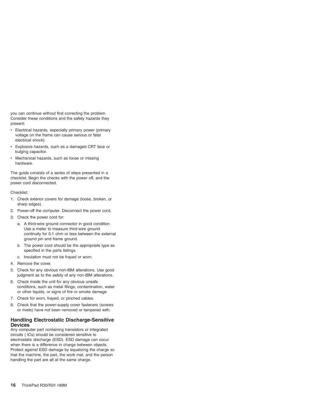 IBM R30, R31 manual Handling Electrostatic Discharge-Sensitive Devices 