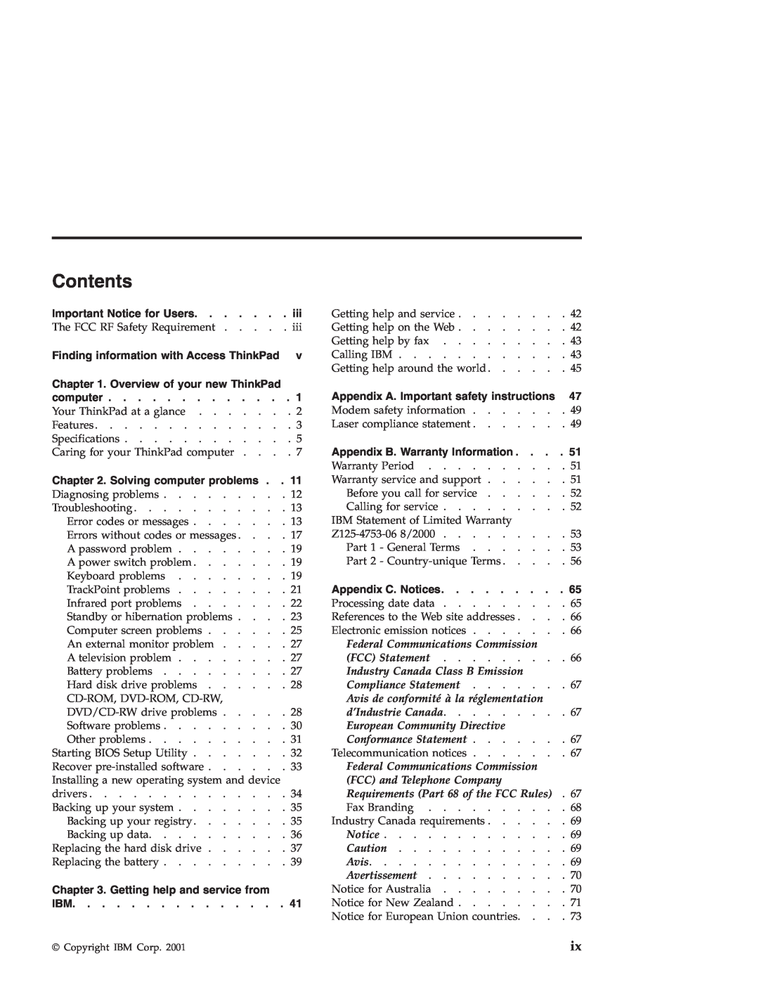IBM R30 manual Contents, Important Notice for Users, Finding information with Access ThinkPad, Solving computer problems 