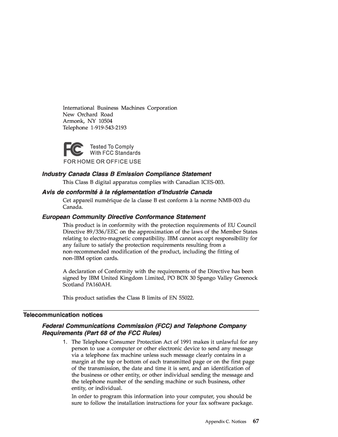 IBM R30 Industry Canada Class B Emission Compliance Statement, Avis de conformité à la réglementation d’Industrie Canada 
