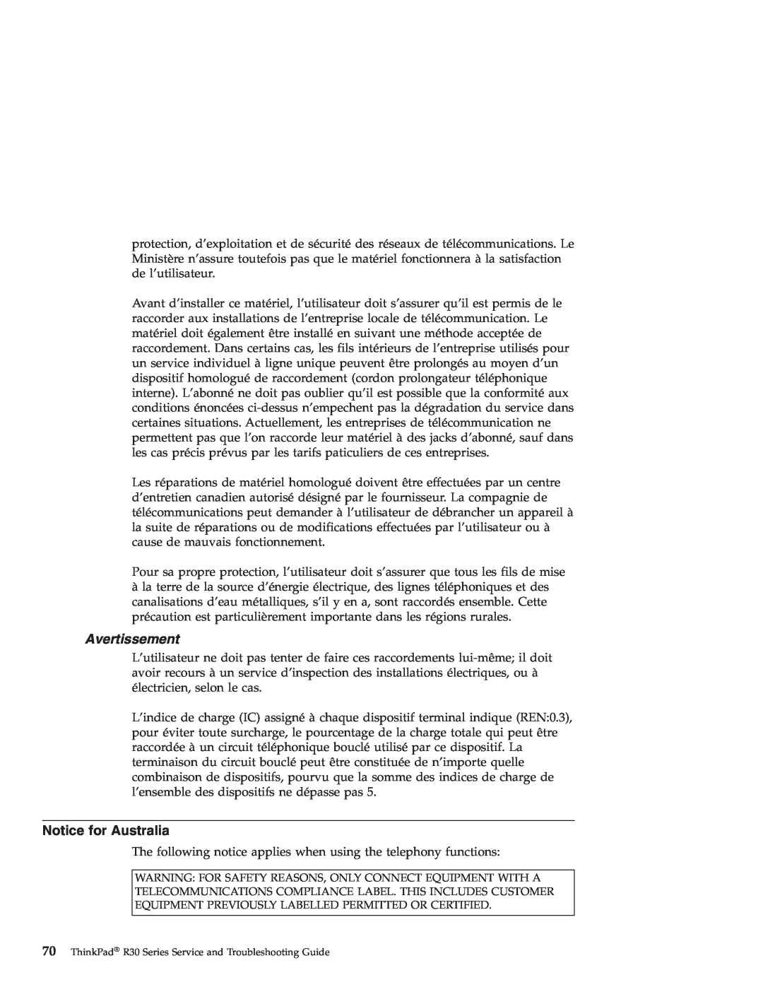 IBM R30 manual Avertissement, Notice for Australia 