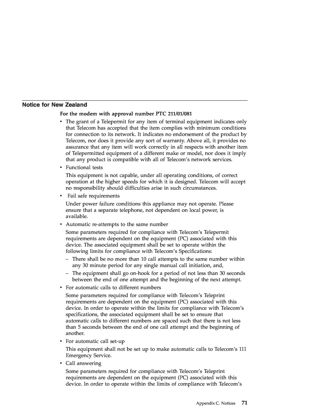 IBM R30 manual Notice for New Zealand, For the modem with approval number PTC 211/01/081 