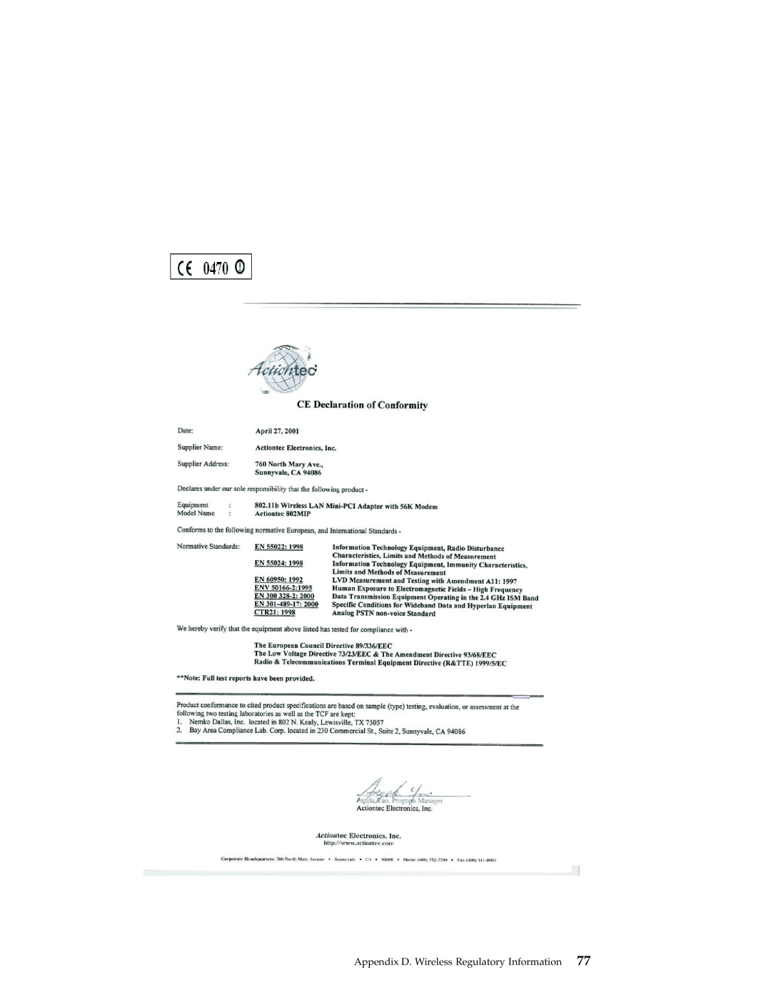 IBM R30 manual Appendix D. Wireless Regulatory Information 