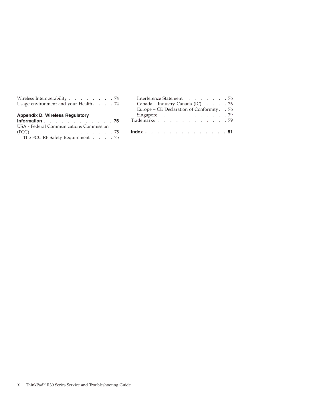 IBM R30 manual Appendix D. Wireless Regulatory 