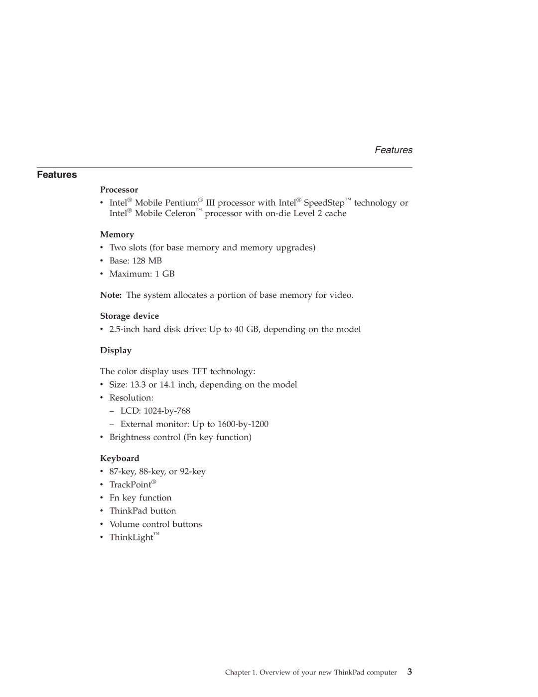 IBM R30 manual Features 