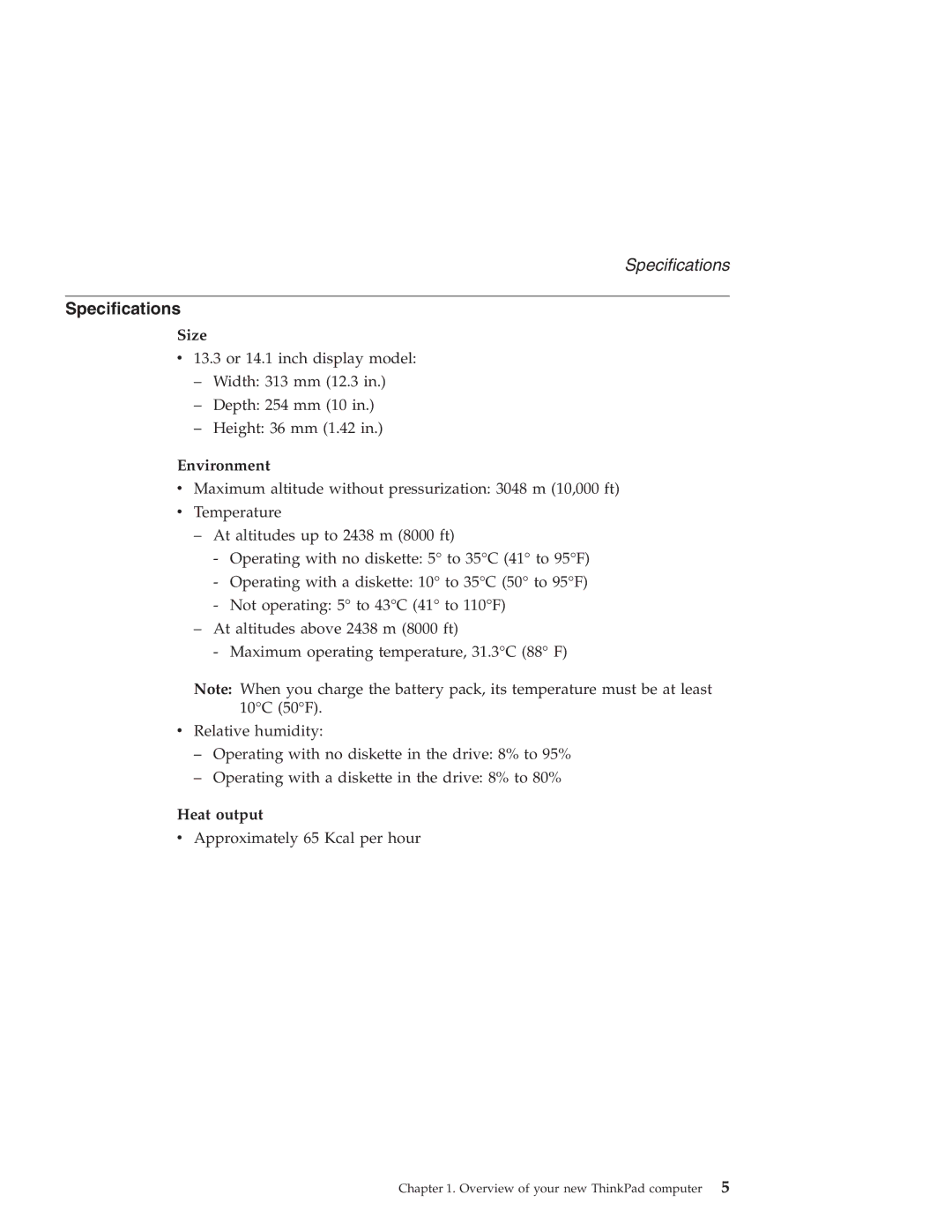 IBM R30 manual Specifications, Size, Environment, Heat output 