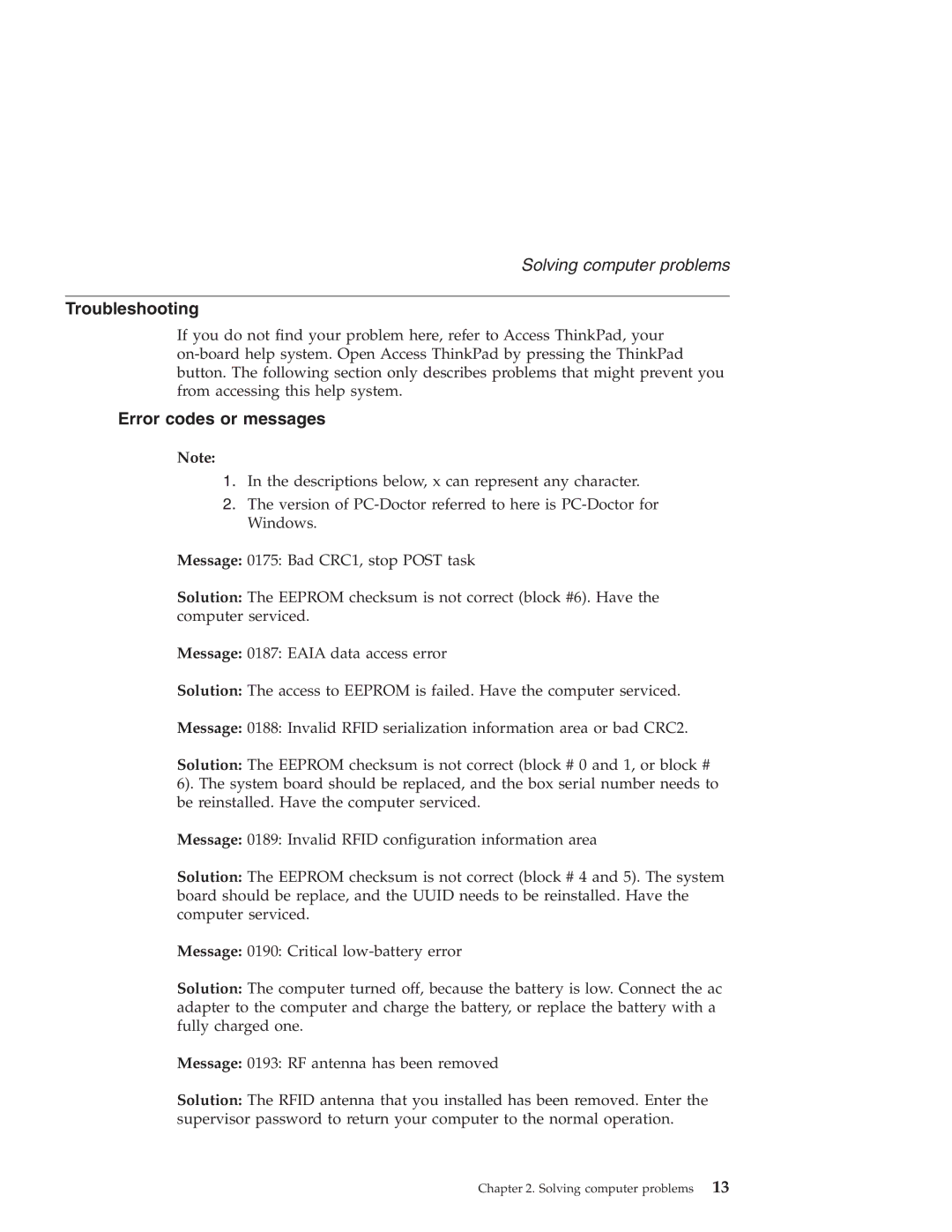 IBM R30 manual Troubleshooting, Error codes or messages 