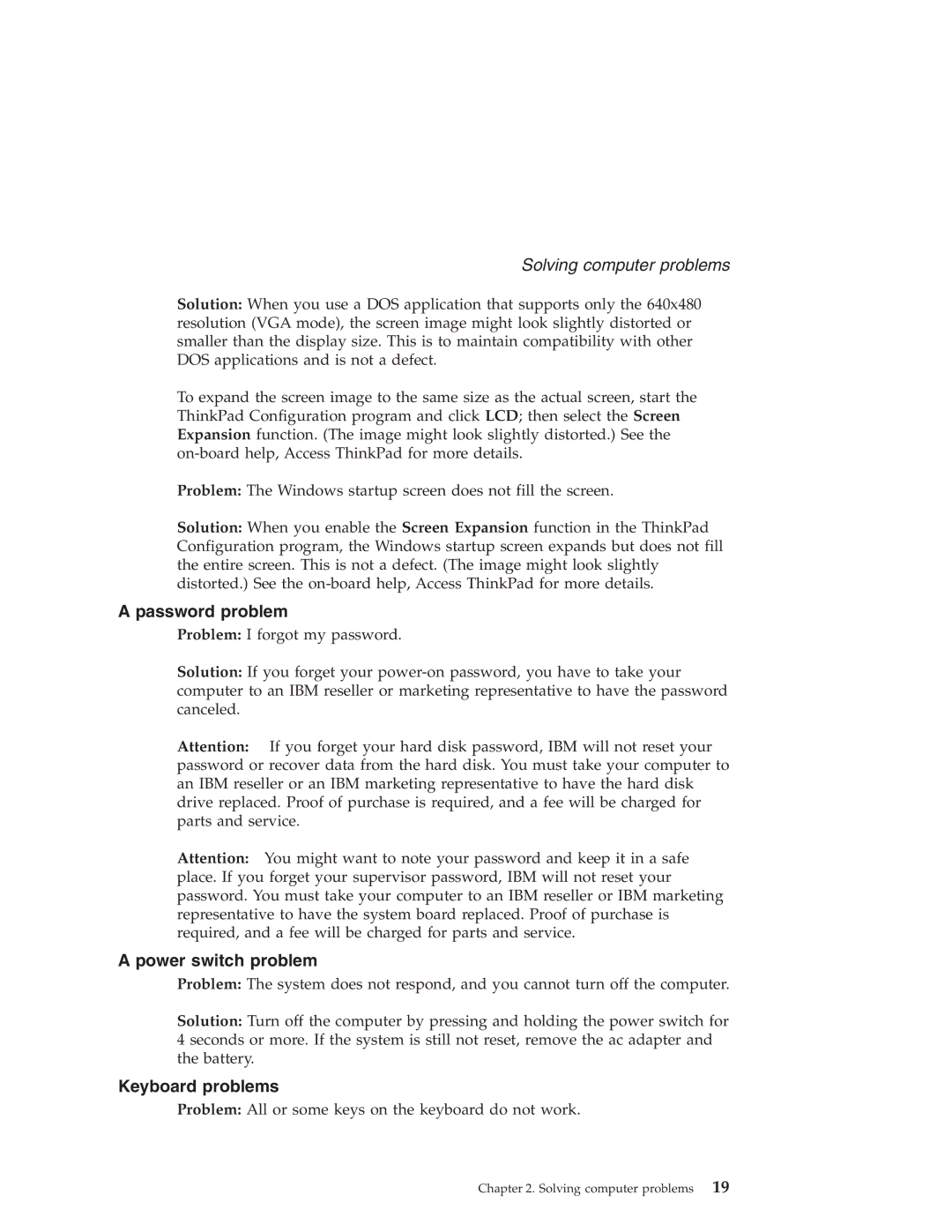 IBM R30 manual Password problem, Power switch problem, Keyboard problems 