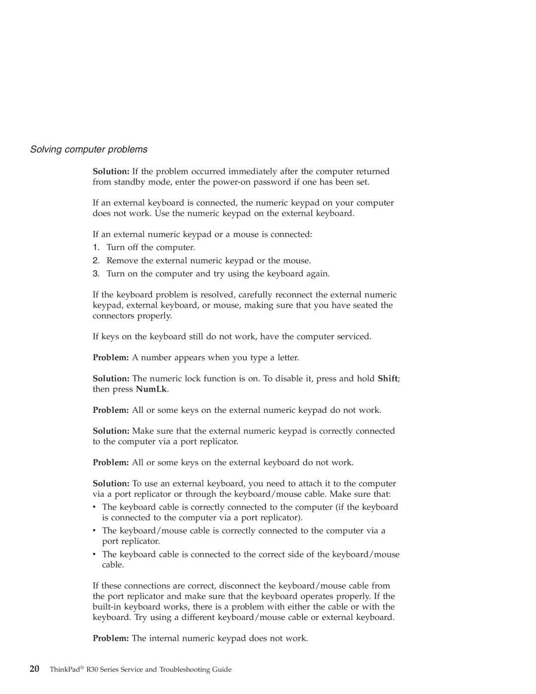 IBM R30 manual Solving computer problems 