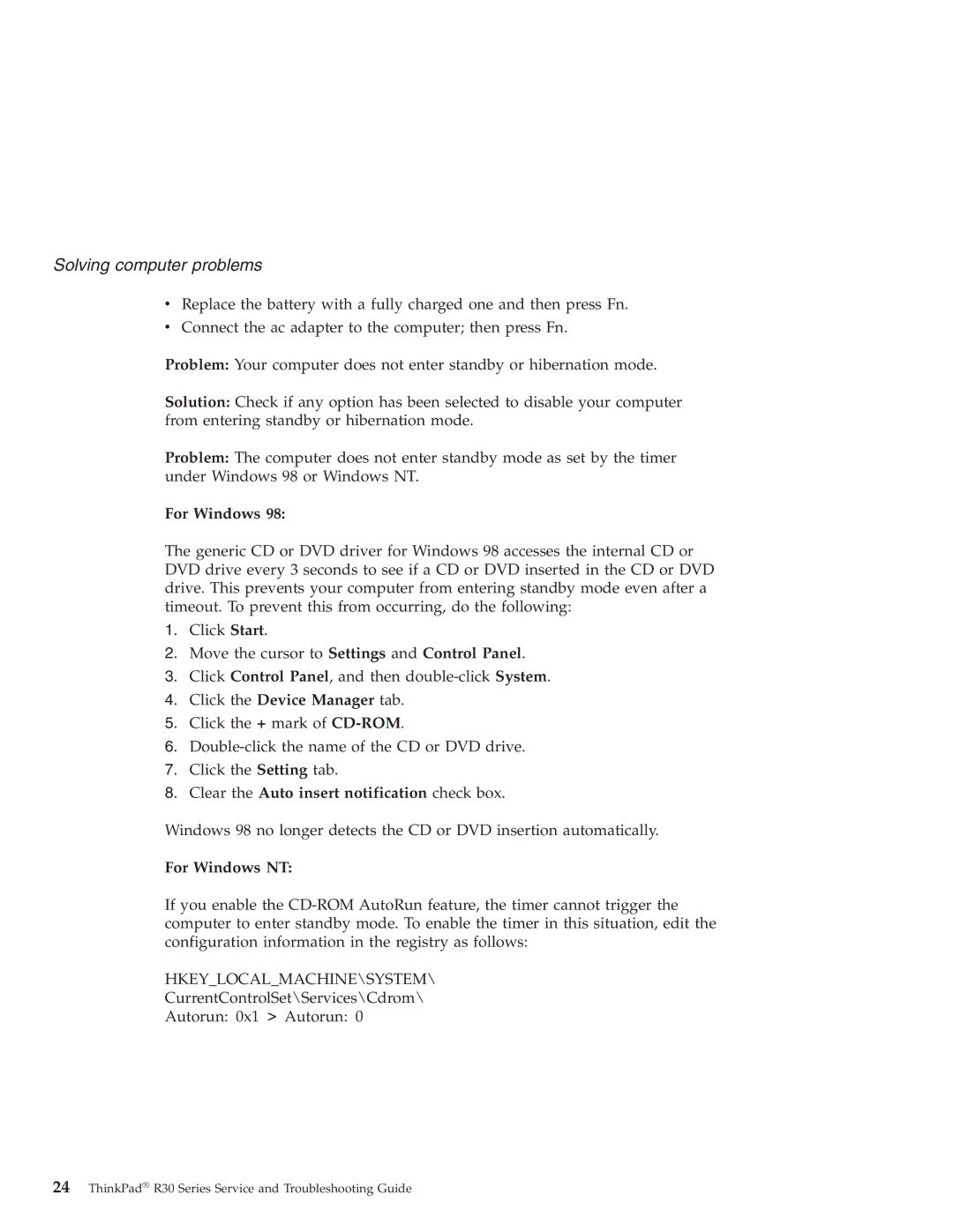 IBM R30 manual Click the Device Manager tab, Clear the Auto insert notification check box, For Windows NT 