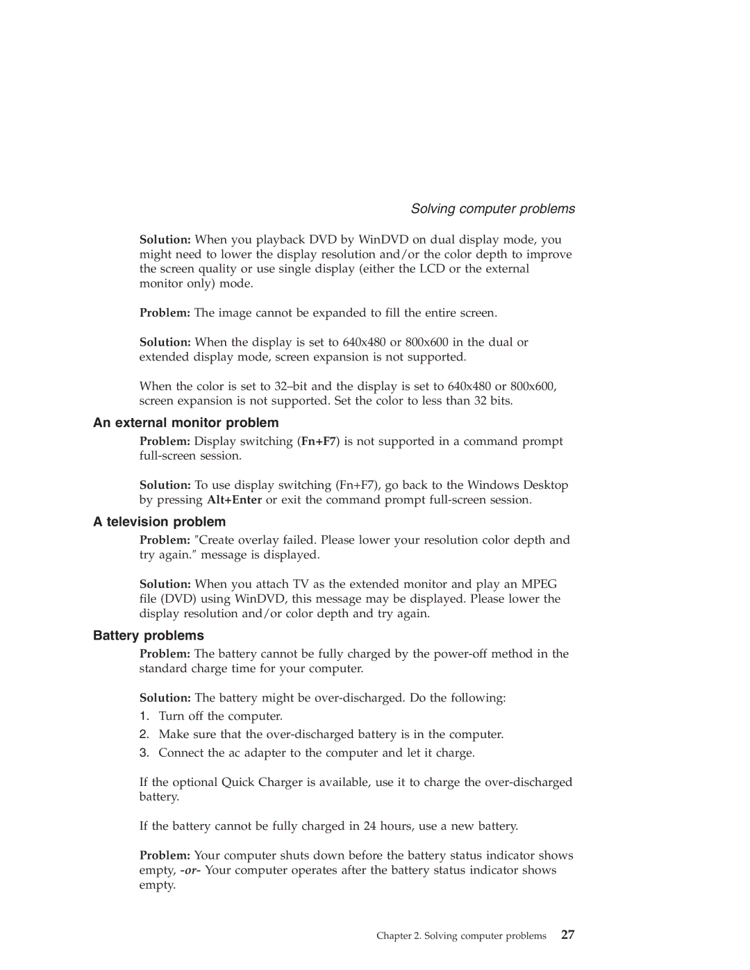 IBM R30 manual An external monitor problem, Television problem, Battery problems 