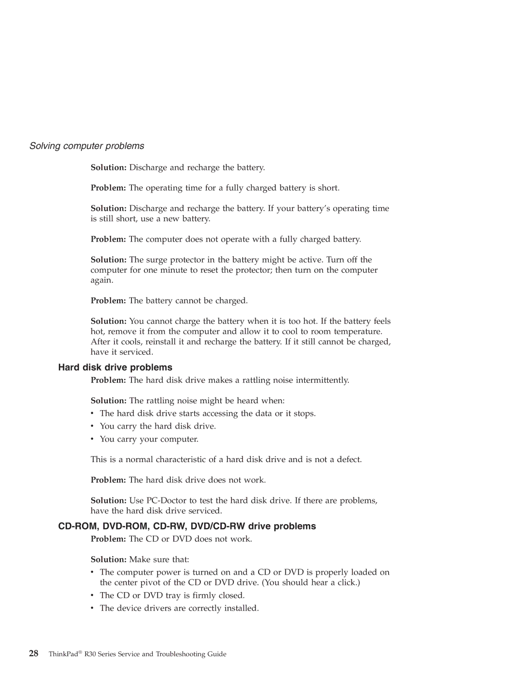 IBM R30 manual Hard disk drive problems, CD-ROM, DVD-ROM, CD-RW, DVD/CD-RW drive problems 
