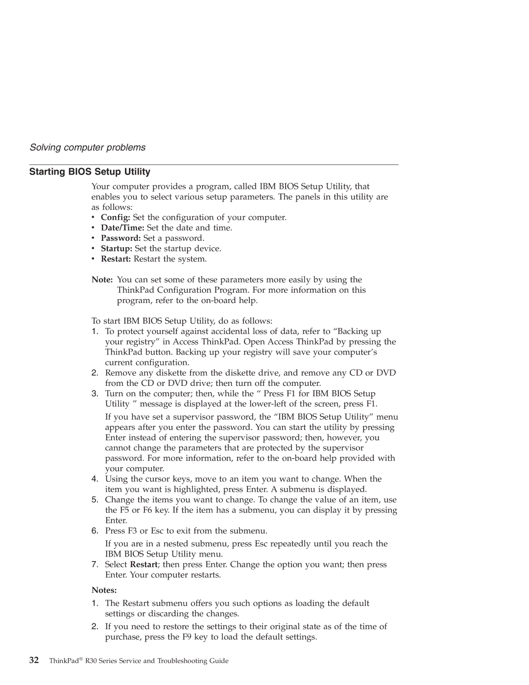 IBM R30 manual Starting Bios Setup Utility 