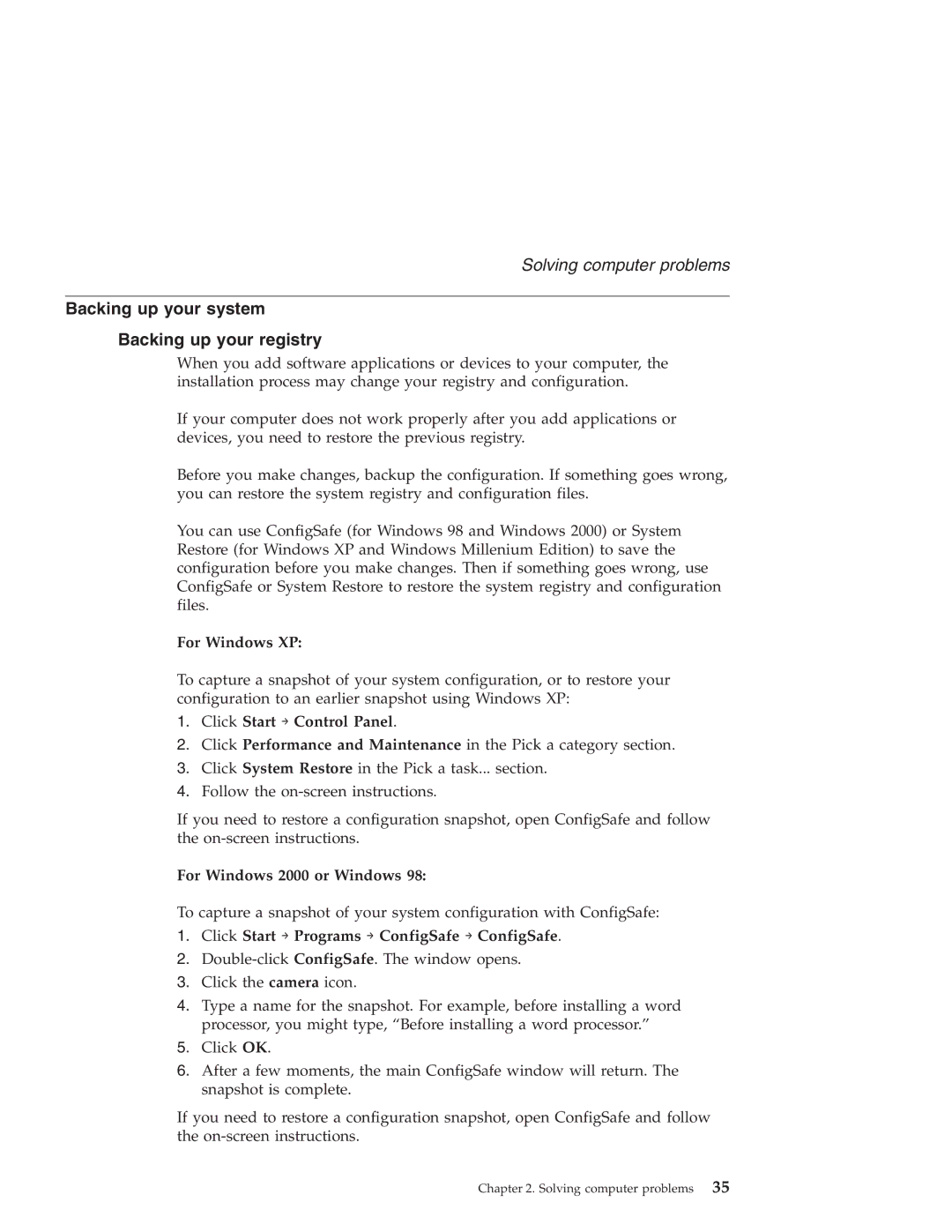 IBM R30 manual Backing up your system Backing up your registry, For Windows XP, For Windows 2000 or Windows 