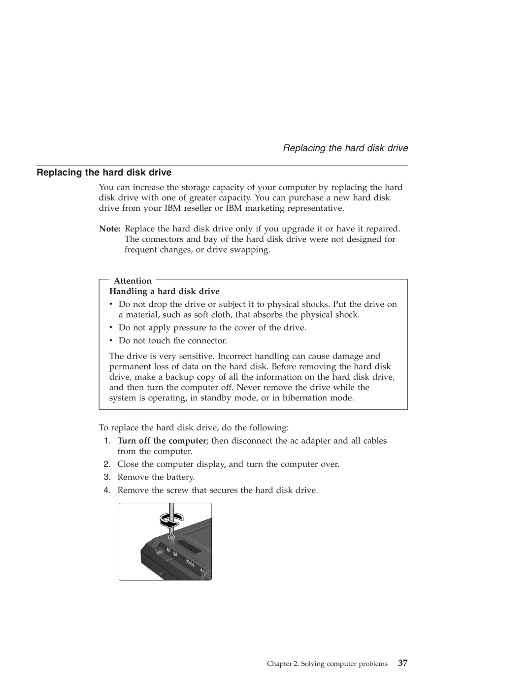 IBM R30 manual Replacing the hard disk drive, Handling a hard disk drive 