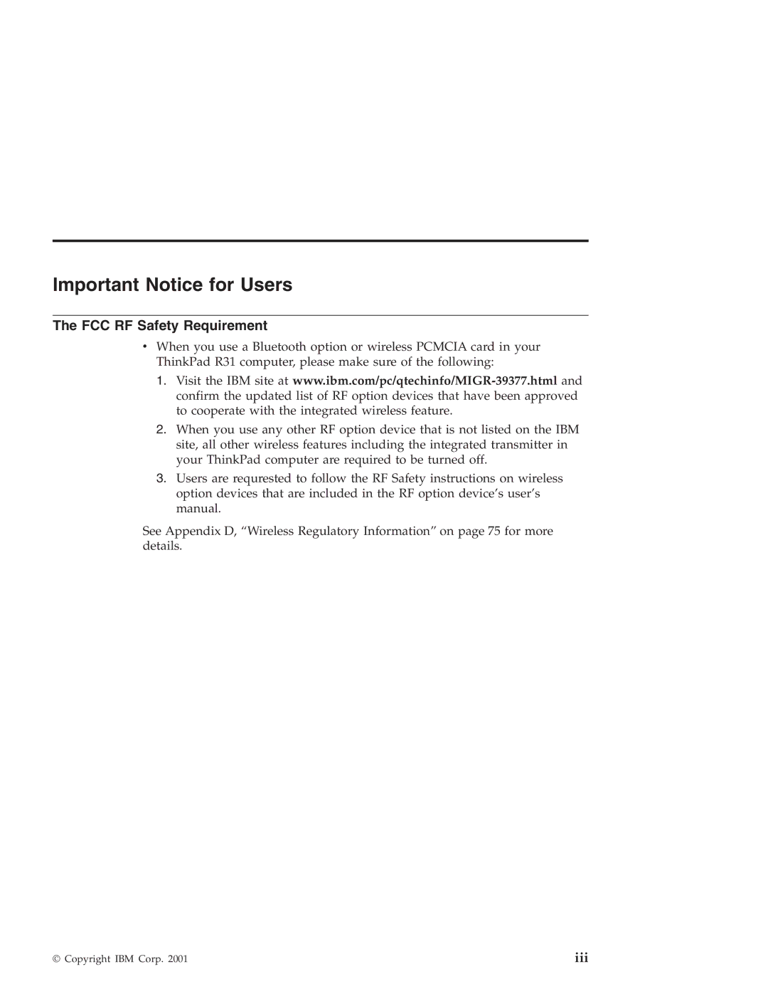 IBM R30 manual Important Notice for Users, FCC RF Safety Requirement 