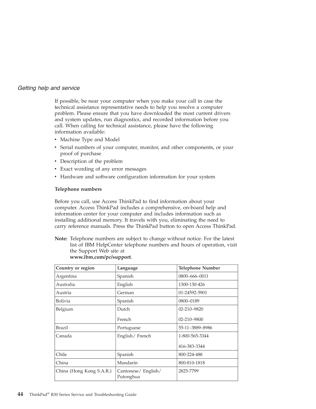 IBM R30 manual Telephone numbers, Country or region Language Telephone Number 