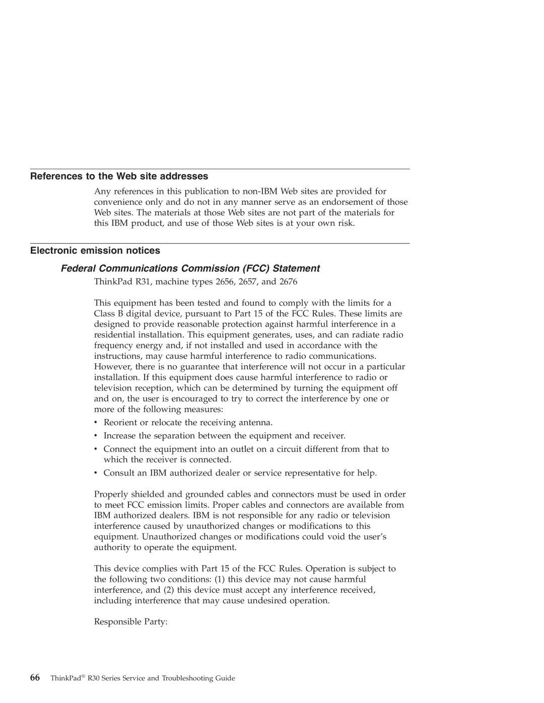 IBM R30 manual References to the Web site addresses, Electronic emission notices 