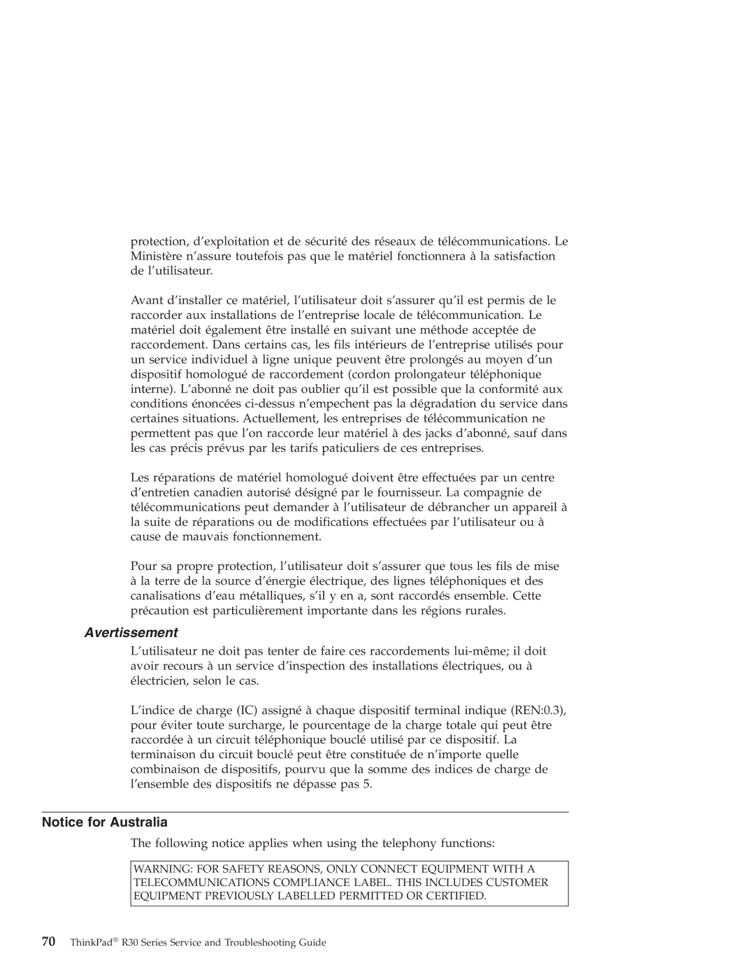 IBM R30 manual Avertissement 