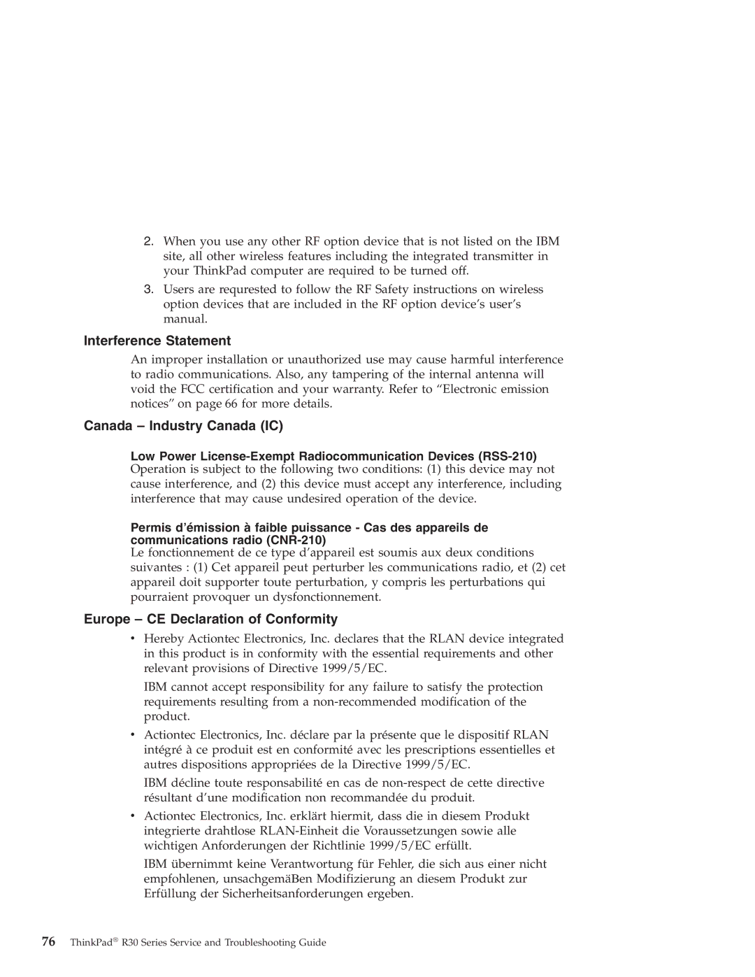 IBM R30 manual Interference Statement, Canada Industry Canada IC, Europe CE Declaration of Conformity 