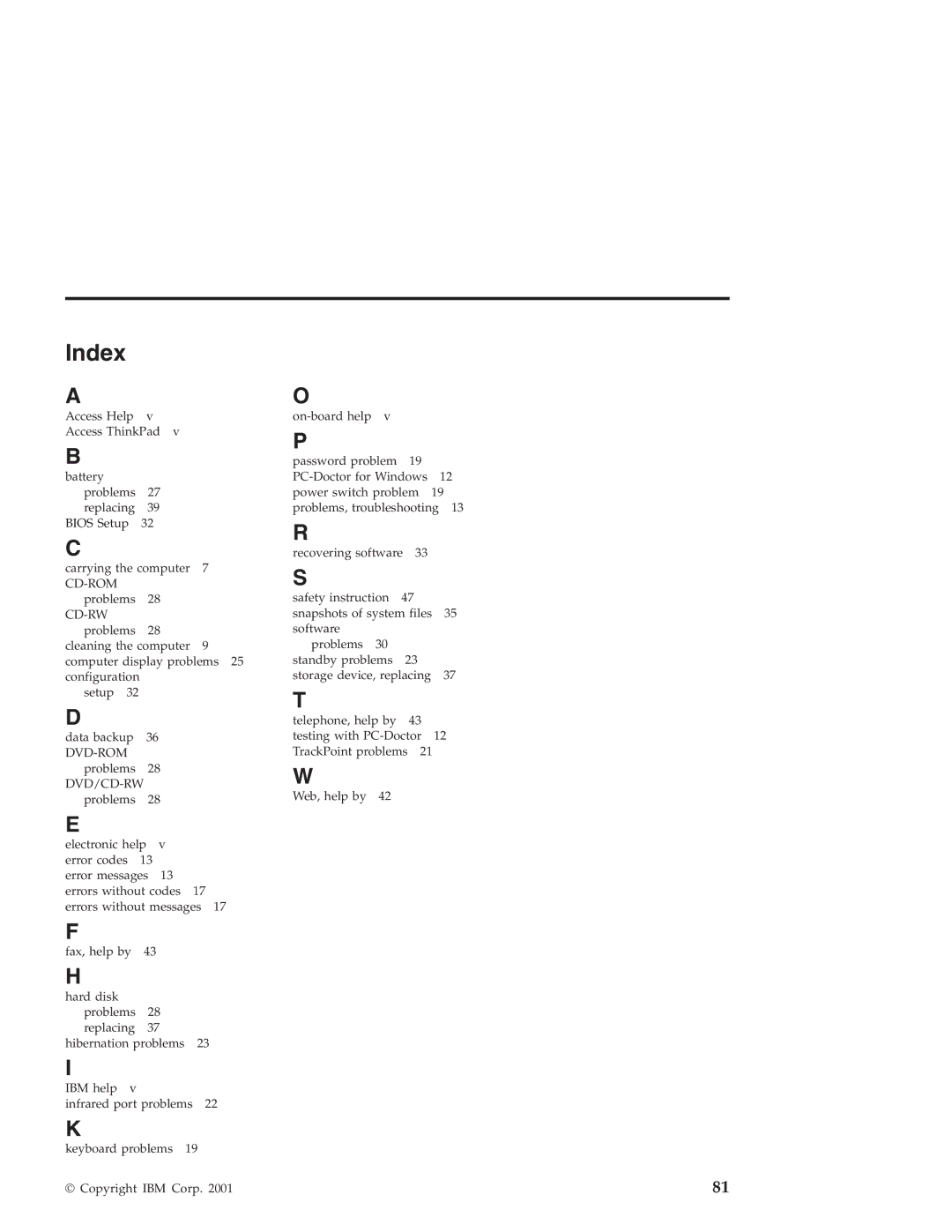 IBM R30 manual Index 