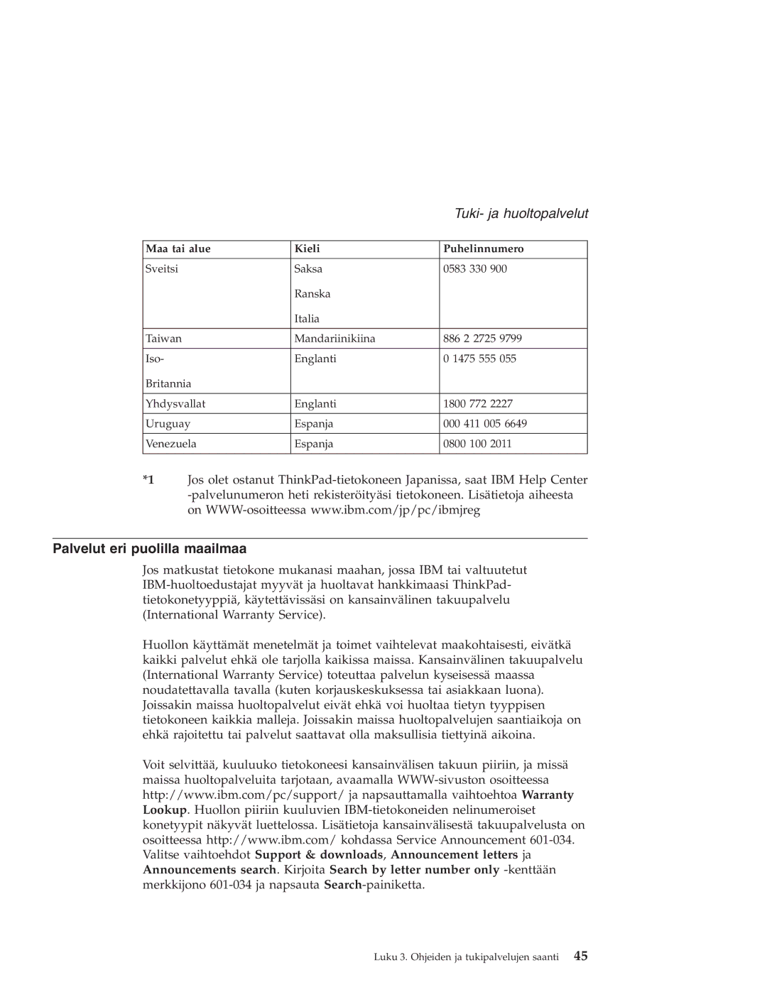 IBM R40 manual Palvelut eri puolilla maailmaa 