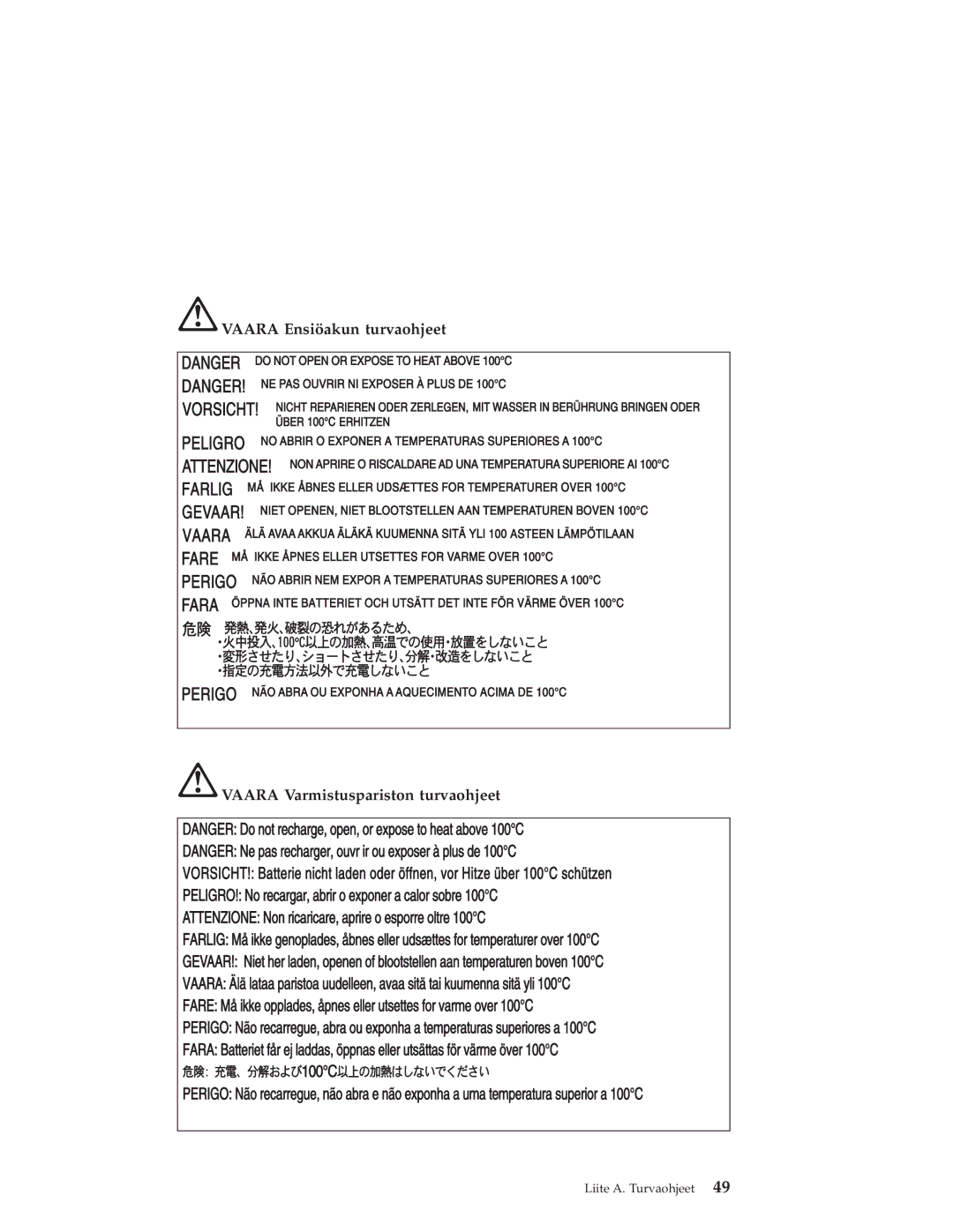 IBM R40 manual Liite A. Turvaohjeet 