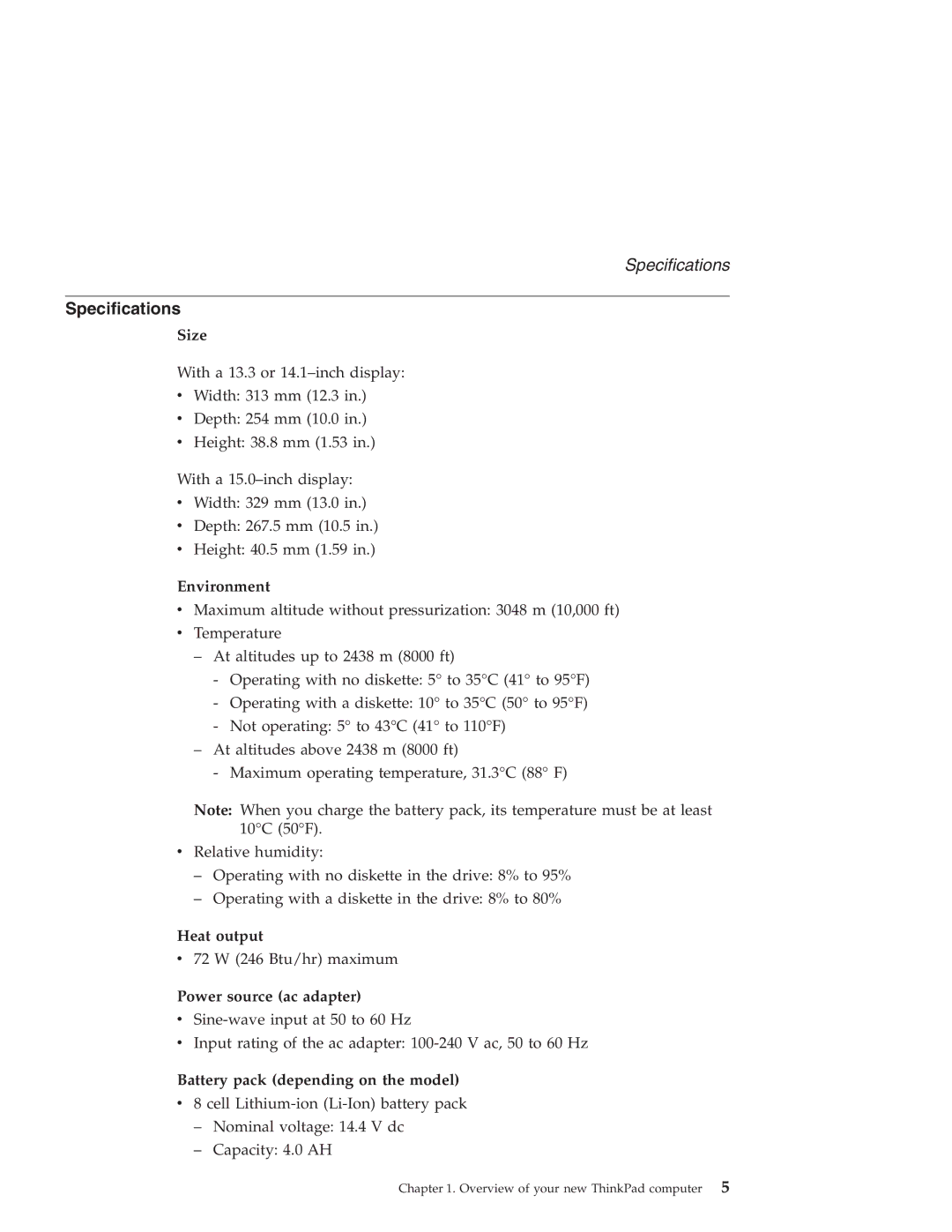 IBM R40 manual Specifications 