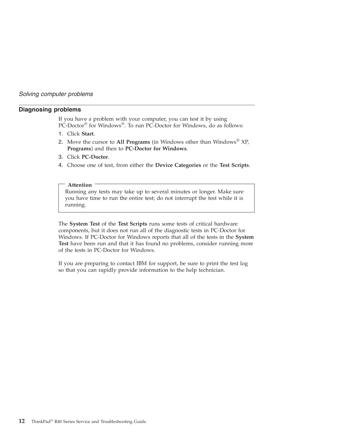 IBM R40 manual Diagnosing problems, Click PC-Doctor 