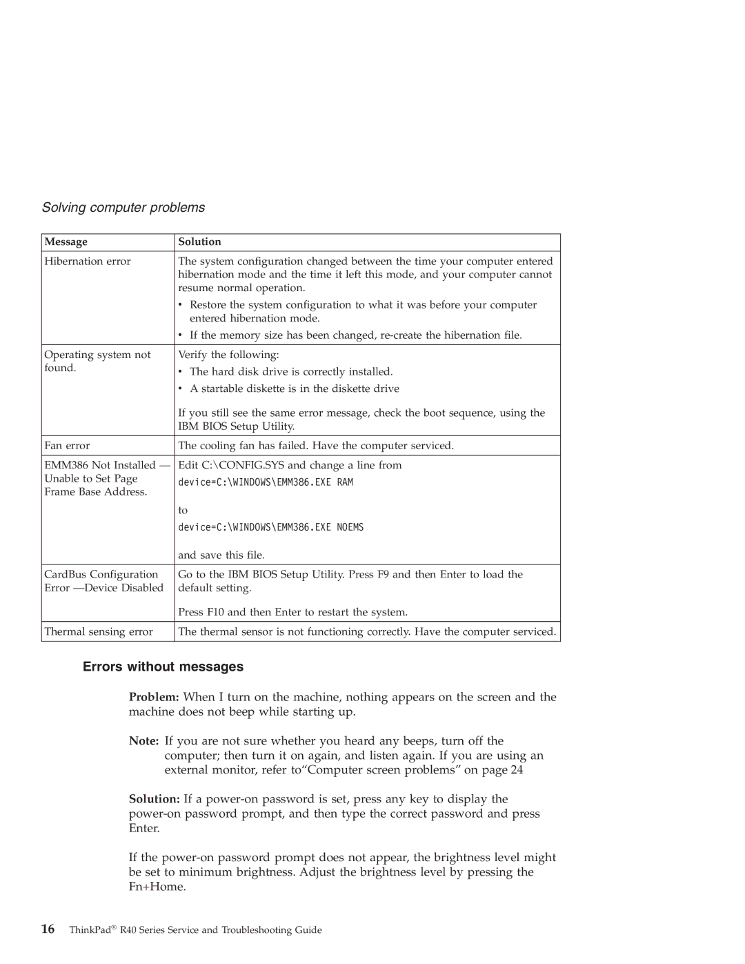 IBM R40 manual Errors without messages, Device=C\WINDOWS\EMM386.EXE Noems 