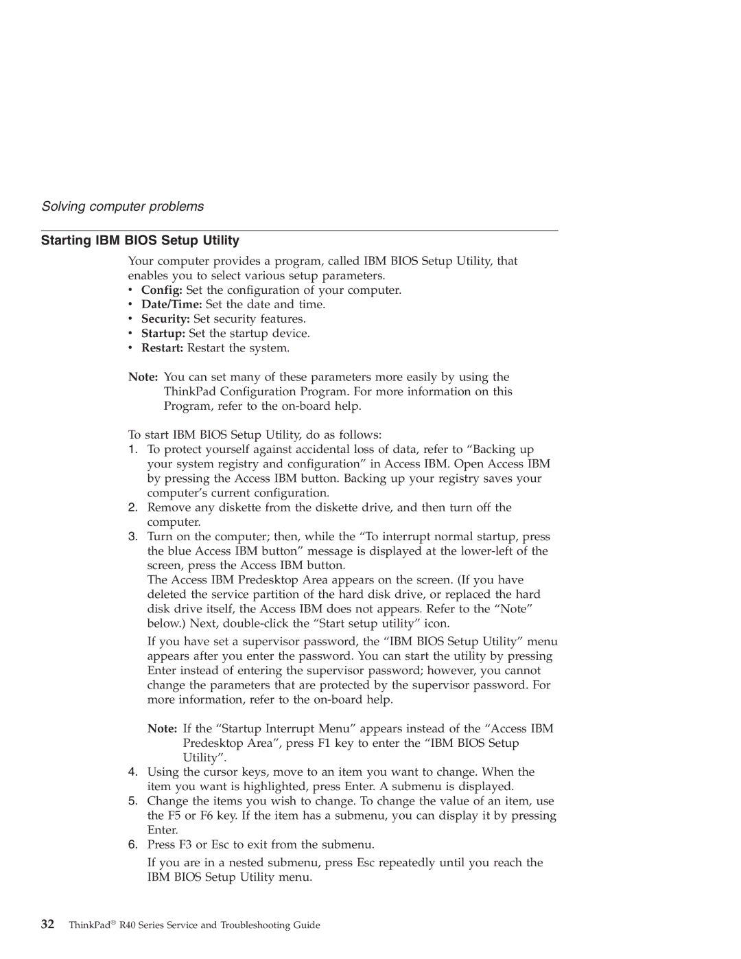 IBM R40 manual Starting IBM Bios Setup Utility 