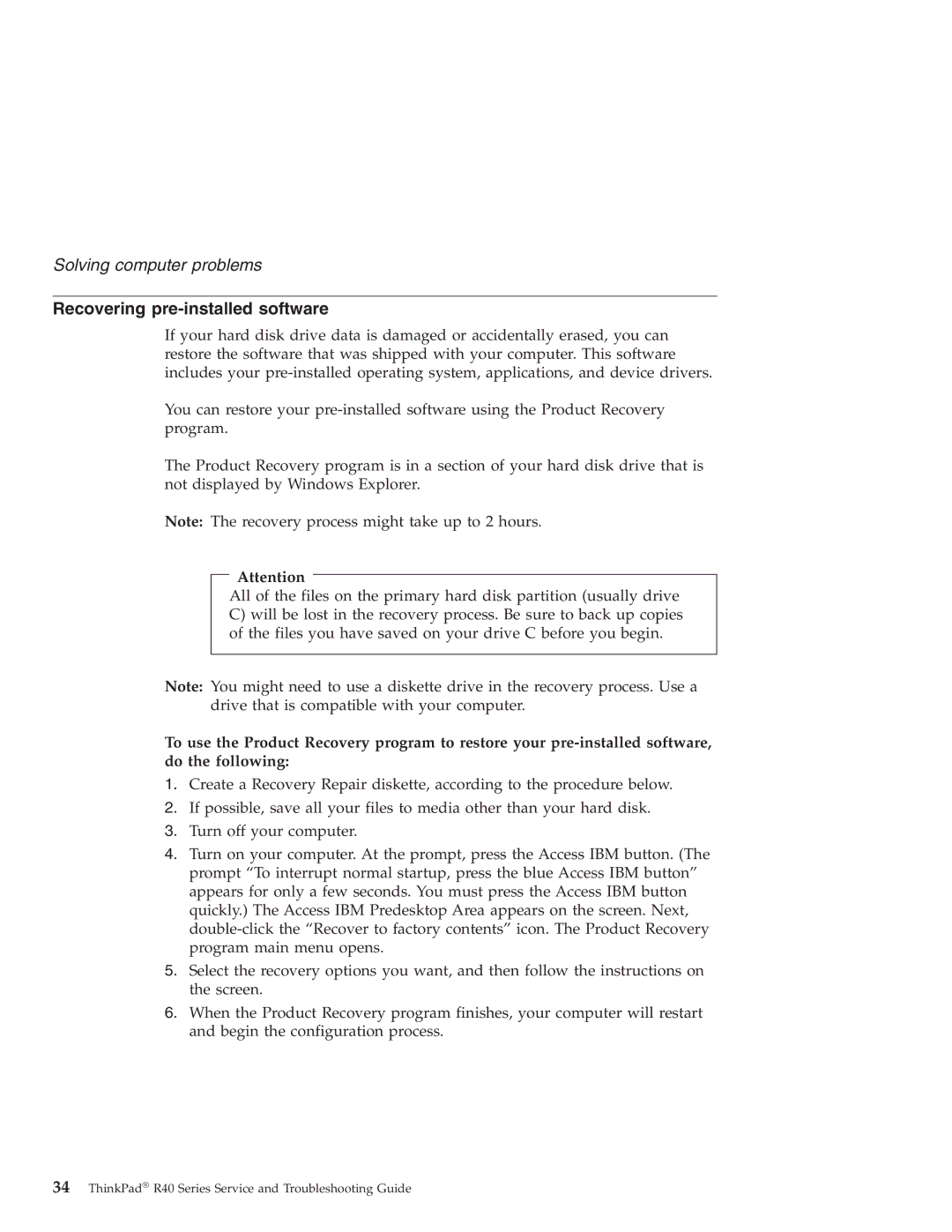 IBM R40 manual Recovering pre-installed software 