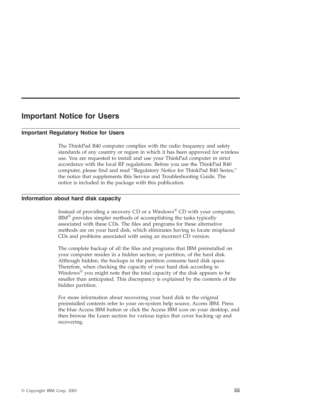 IBM R40 manual Important Notice for Users, Important Regulatory Notice for Users, Information about hard disk capacity 