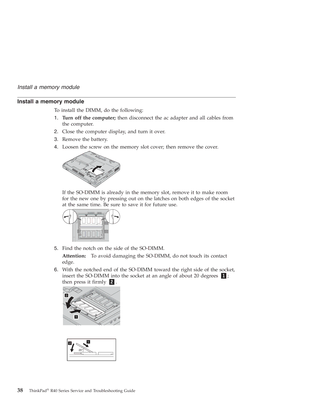 IBM R40 manual Install a memory module 