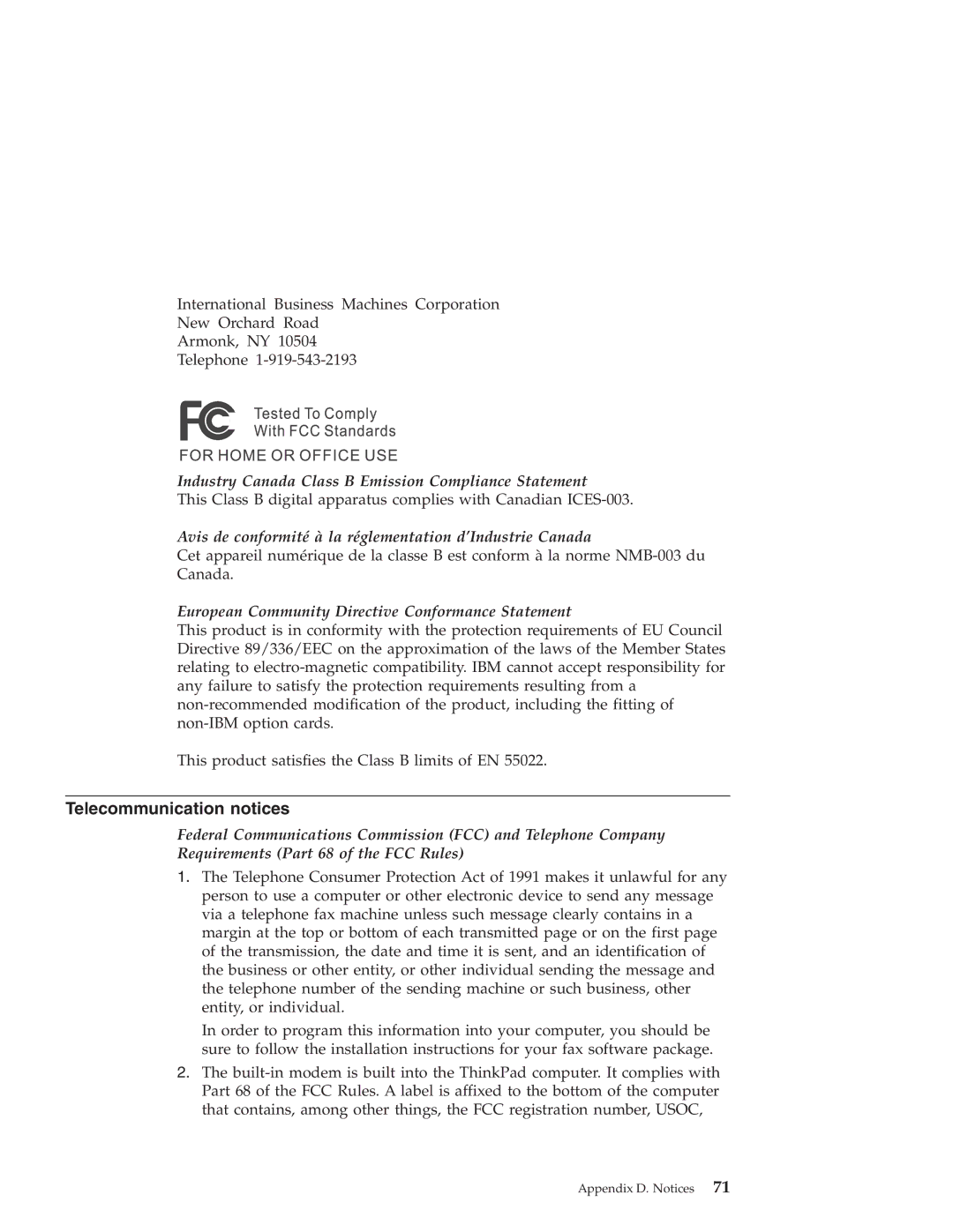 IBM R40 manual Telecommunication notices, European Community Directive Conformance Statement 