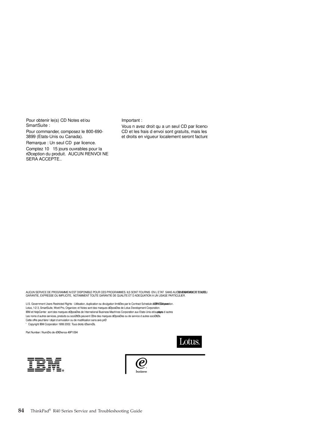 IBM R40 manual Part Number / Numéro de référence 49P1094 