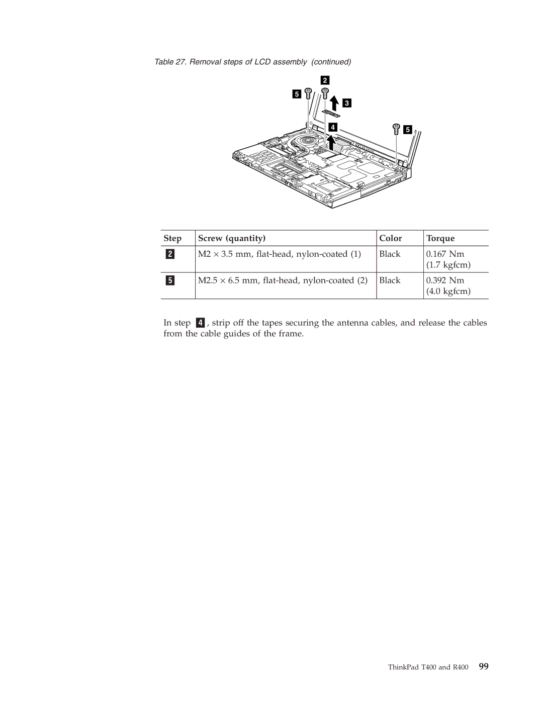 IBM R400 manual Step Screw quantity Color Torque 