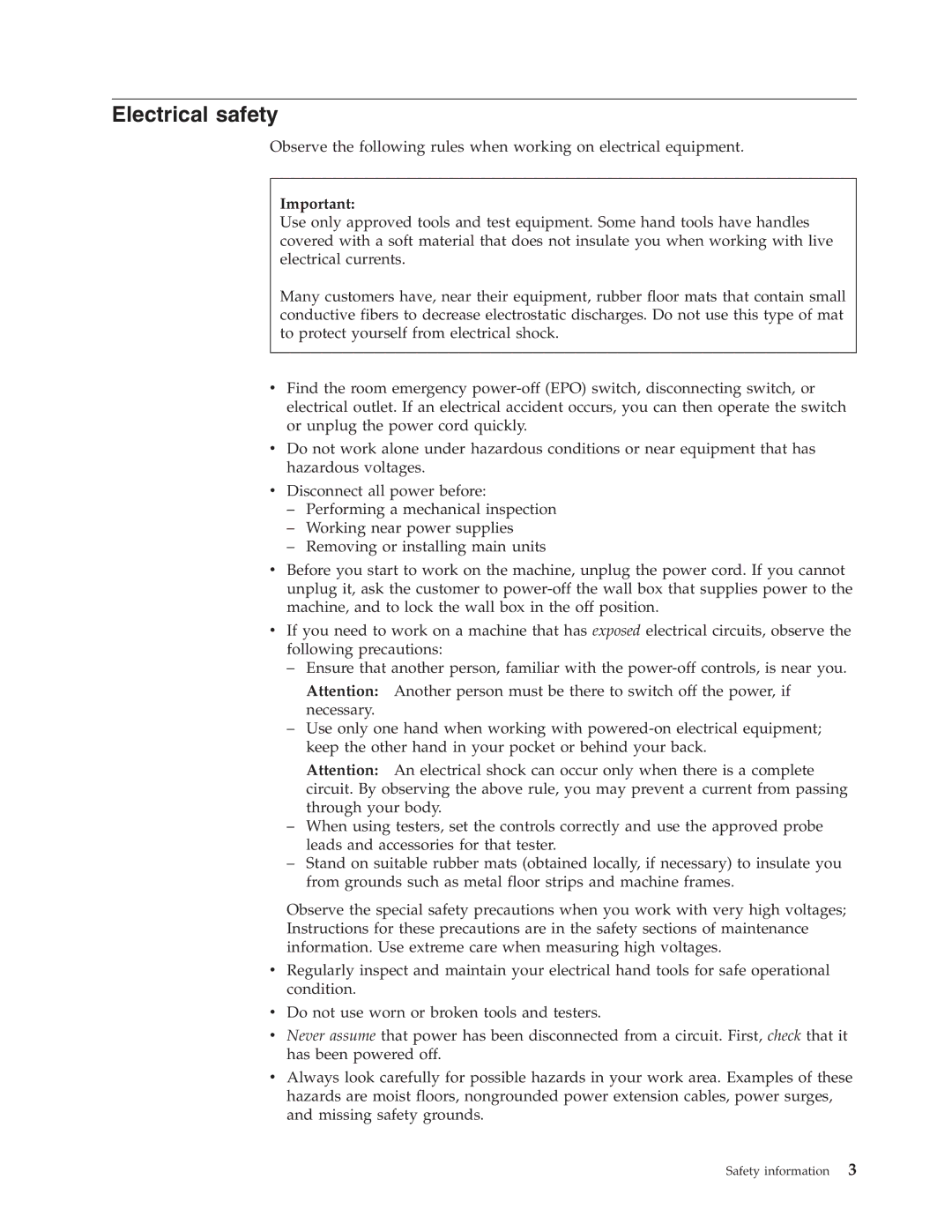 IBM R400 manual Electrical safety 