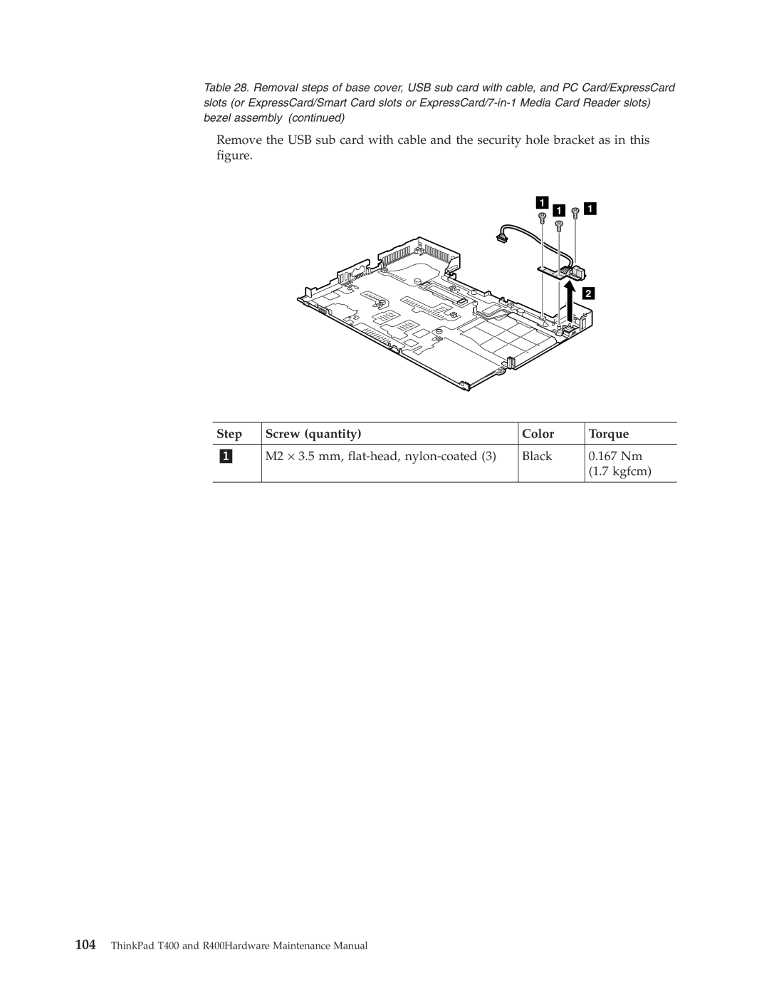 IBM R400 manual M2 ⋅ 3.5 mm, flat-head, nylon-coated Black 167 Nm Kgfcm 